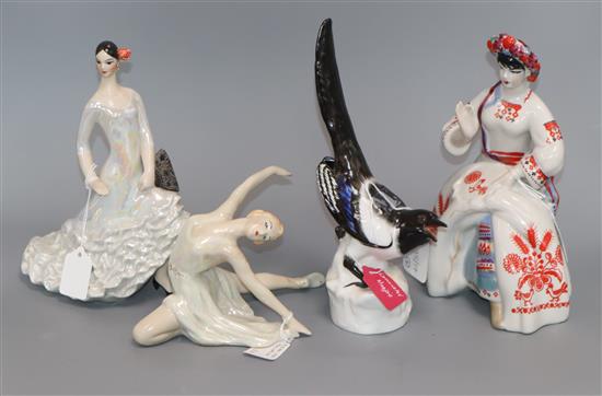 Three porcelain Russian dancers and a bird